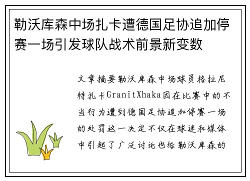 勒沃库森中场扎卡遭德国足协追加停赛一场引发球队战术前景新变数